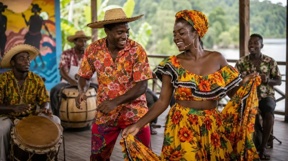 Pareja bailando con trajes tradicionales del Pacífico al son de los tambores